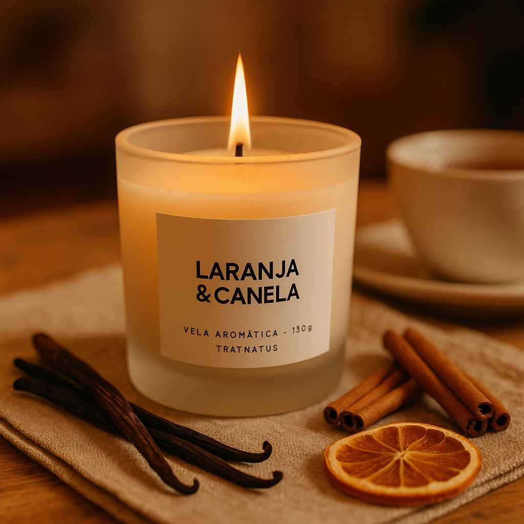 Vela aromática Laranja & Canela em cenário aconchegante